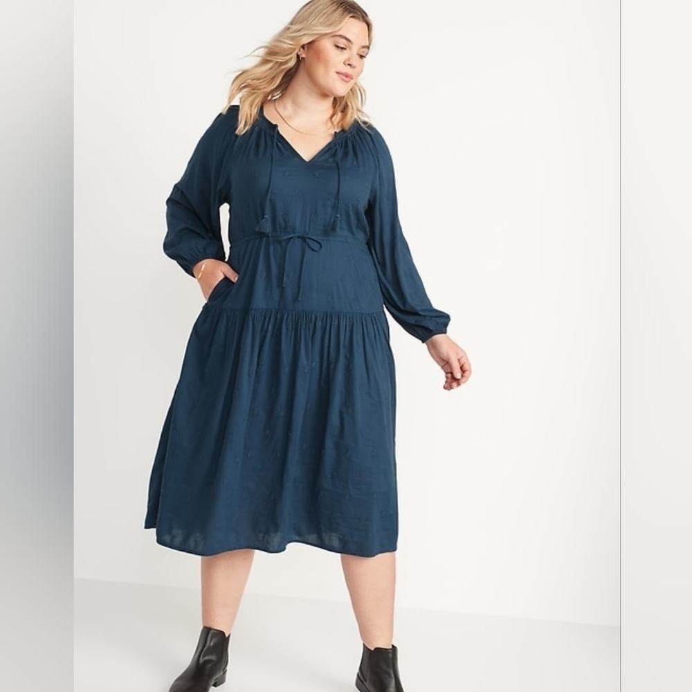 Old Navy Blue Long Sleeve Tiered Skirt Tie Neck Dress Size 4X